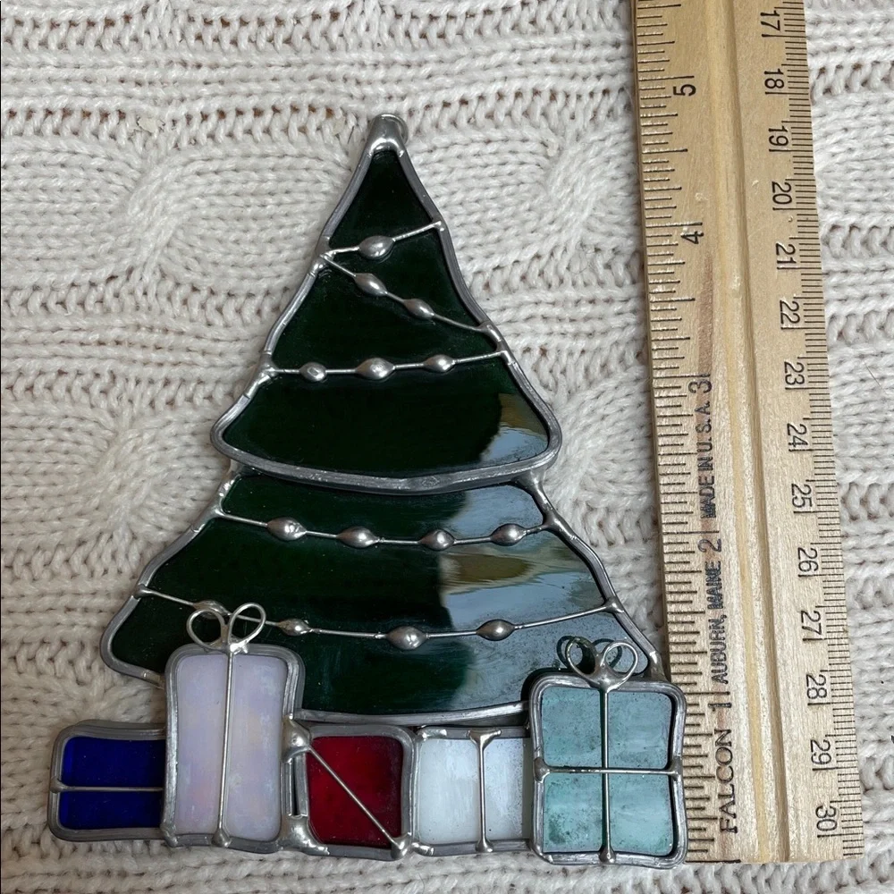 Stained Glass Christmas Tree Ornament w/ Gifts 4.75” H x 3.75” W good condition